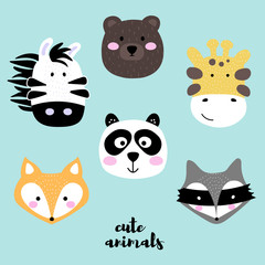 Collection of cute animal faces. Set of creative animal print zebra, bear, giraffe, panda, fox and racoon. Vector Illustration in scandinavian style. Good for kids fabric, textile, children apparel