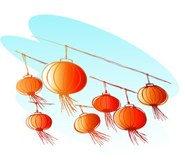 New year, Chinese paper flashlight in the sky. Traditional holiday card for print or web.