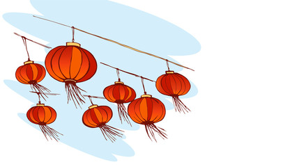 New year, Chinese paper flashlight in the sky. Traditional holiday card for print or web.