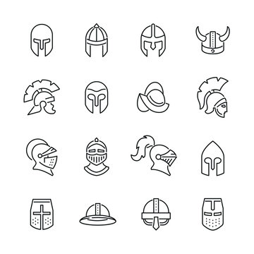 Knight helmet related icons: thin vector icon set, black and white kit