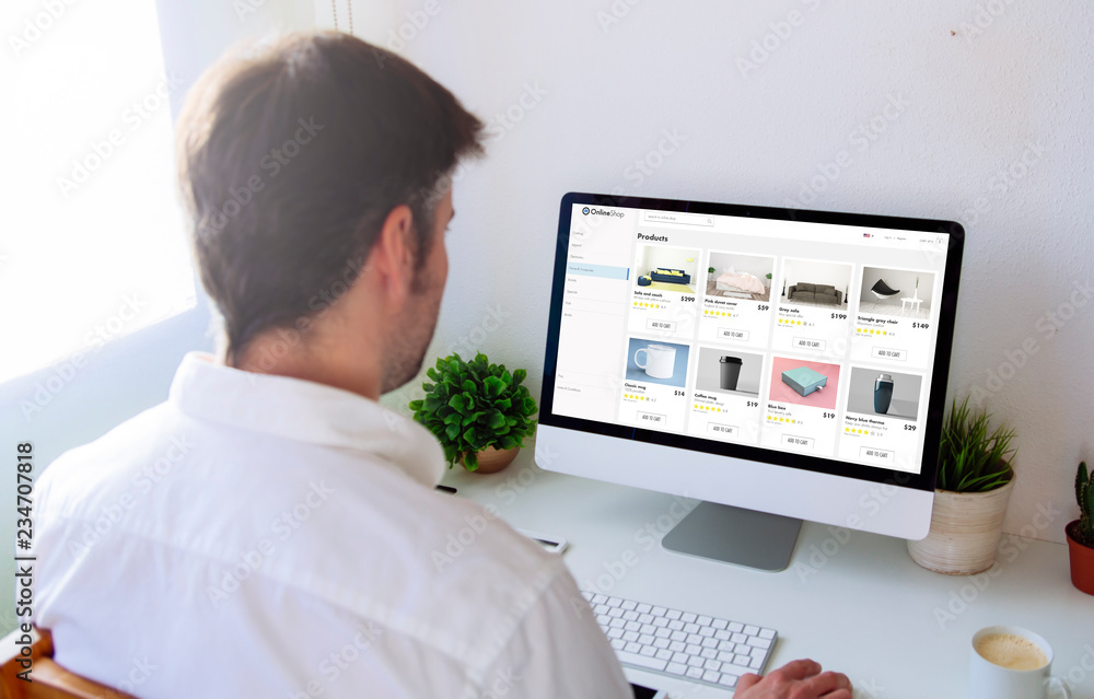Aufkleber man browsing eshop website on computer