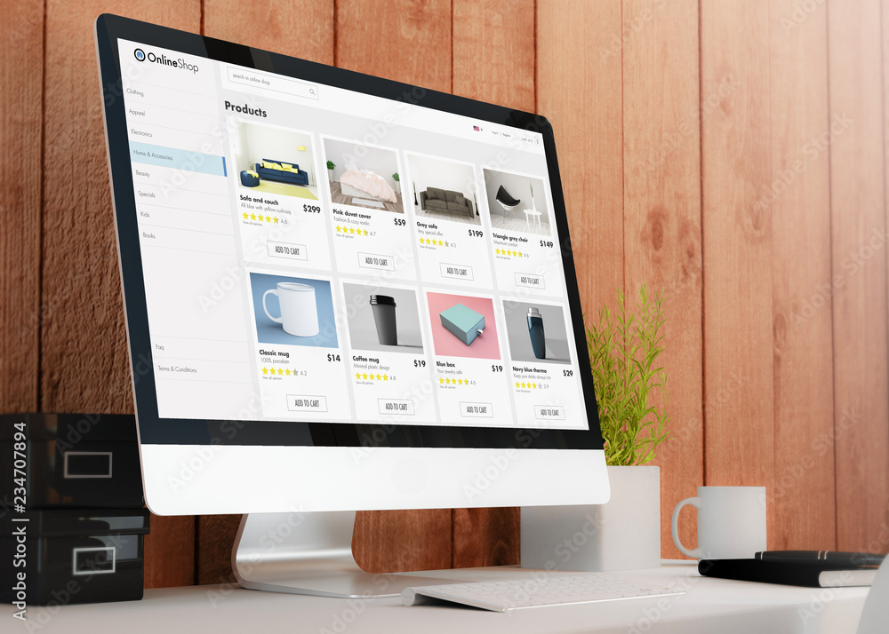 Poster modern workspace with computer online shop website design