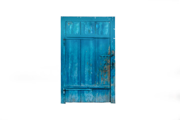 closed old blue wooden door isolated on white background