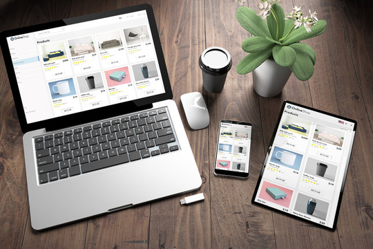 three devices on wooden desk top view online shop