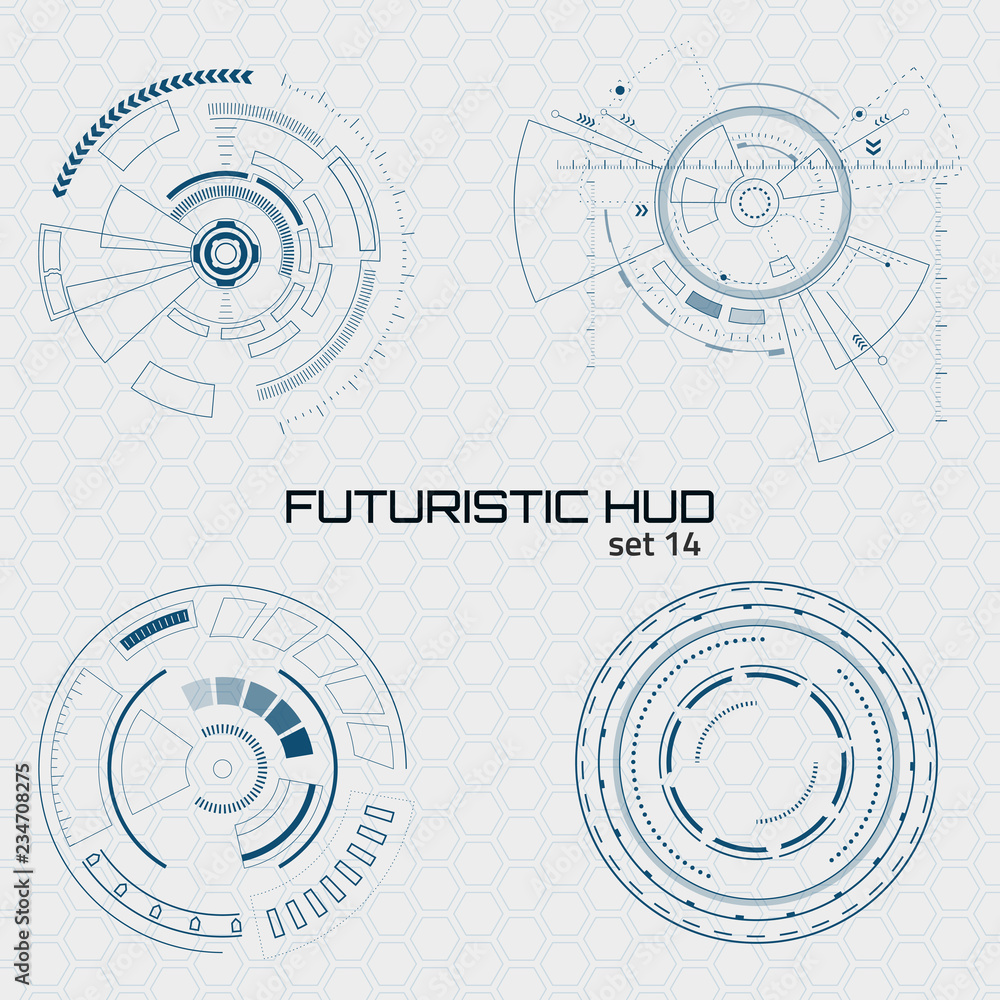 Poster set of sci fi futuristic user interfaces on grey background. vector illustration.