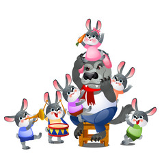 A set of animated happy little bunnies in clothes playing with wolf isolated on white background. Vector cartoon close-up illustration.