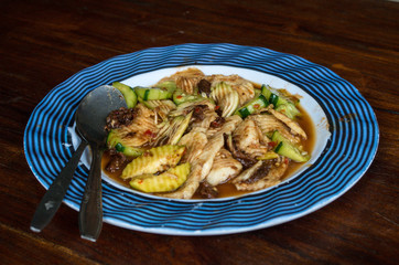 RUJAK - traditional fruit and vegetable salad dish in Indonesia, close-up.
