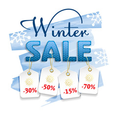 Winter Sale. Colorful banner with blue knitted font, price tags and sales text on Watercolor background. Vector illustration.