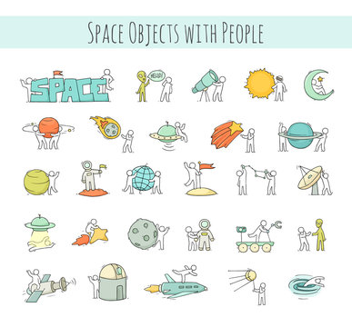 set of sketch little people with space objects.