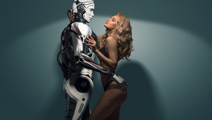A beautiful blonde in black underwear standing with a male robot, virtual relationship with human...