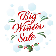 Hello Winter poster. Vector illustration of hand-lettered winter greetings. Hand-lettered winter message with background. Decorative banner with hand-lettered winter message. EPS 10