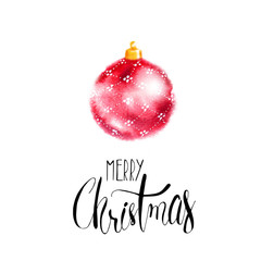 Big red hristmas tree ball with ornaments and greeting lettering calligraphy. Watercolor painting. Art background. Hand drawn illustration. Painted  backdrop. Festive card. - 234711673