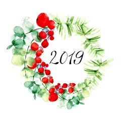 Christmas decoration from holly berries with leaves, pine branches and greeting lettering calligraphy. Watercolor painting. Art background. Hand drawn  illustration. Painted  backdrop. Festive card.