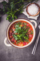 Goulash soup with potatoes and salami