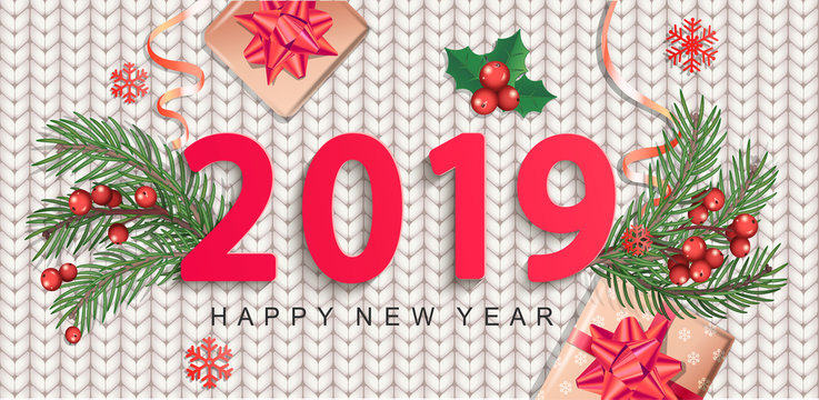 2019 New Year greeting card on knitted background. Banner for Christmas holidays with traditional elements-gift box with red bow, candy cane, branch, ribbon, mistletoe, snowflakes. Vector illustration