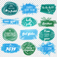 Labels with Christmas and New Years designs. Decorative tags and elements set for holiday lettering design .Vector illustrated Christmas stamp logo.