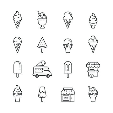 Ice cream related icons: thin vector icon set, black and white kit