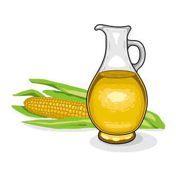 Glass Bottle Of Corn Oil And Corn Cob On Isolated White Background