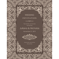Wedding invitation cards  baroque style brown and beige. Vintage  Pattern. Retro Victorian ornament. Frame with flowers elements. Vector illustration.
