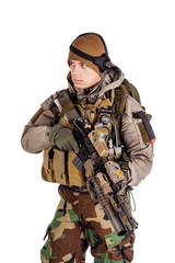 Fototapeta premium Portrait soldier or private military contractor holding automatic rifle. war, army, weapon, technology and people concept. Image on a white background.