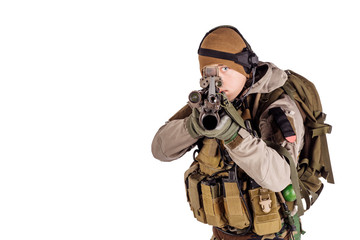 Portrait soldier or private military contractor holding automatic rifle. war, army, weapon, technology and people concept. Image on a white background.