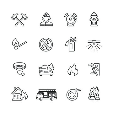 Fire related icons: thin vector icon set, black and white kit