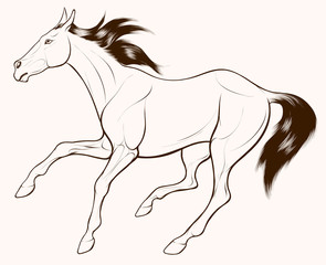 Fototapeta na wymiar Quick sketch of monochromatic horse with dark long mane, galloping free. Vector clip art and design element for equestrian farms. Emblem of an agricultural animal.