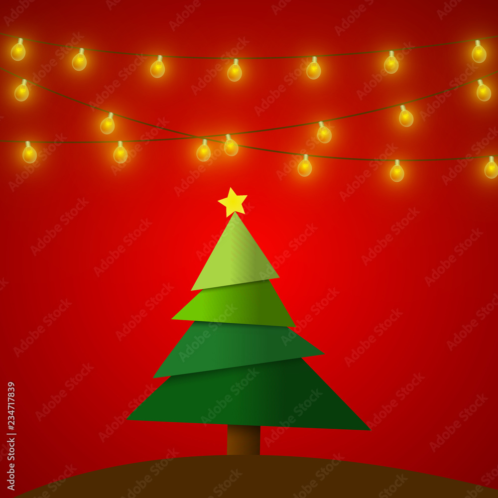 Poster vector : christmas tree with pennant flags on red background