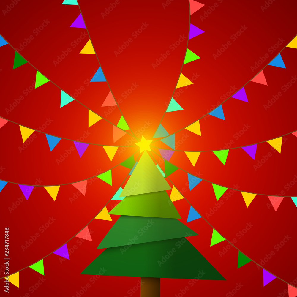 Poster vector : christmas tree with pennant flags on red background