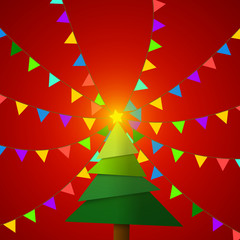 Vector : Christmas tree with pennant flags on red background