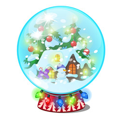 Obraz na płótnie Canvas Christmas souvenir in the form of house in a glass ball isolated on white background. Vector cartoon close-up illustration.