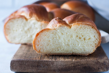 Homemade challah bread, selective focus.