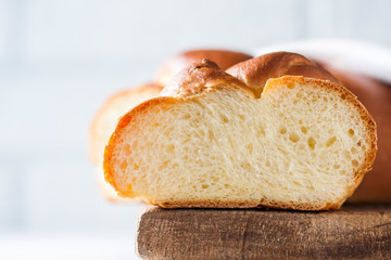 Homemade challah bread, selective focus.