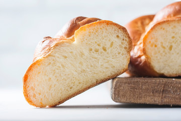 Homemade challah bread, selective focus.