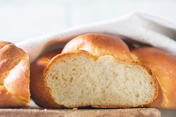 Homemade challah bread, selective focus.