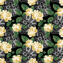Seamless pattern with skull and rose. Floral skull background.