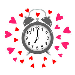 Alarm clock and hearts isolated on white background