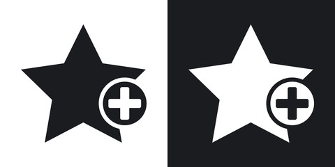 Vector star favorite icon with plus glyph. Two-tone version on black and white background