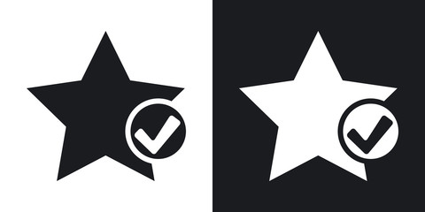 Vector star favorite icon with check mark glyph. Two-tone version on black and white background