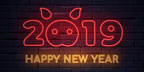 Illuminated neon signs winter holiday light electric banner glowing on black brickwall background, happy new year text concept with piglet. Neons sign 2019 year of the pig  billboard design template