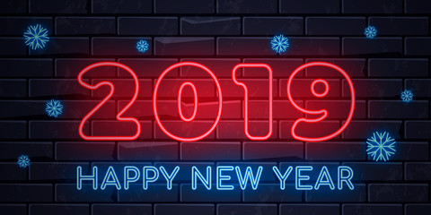 Illuminated neon signs winter holiday light electric banner glowing on black brickwall background, happy new year text concept with snowflakes. Neons sign 2019 red and blue billboard design template