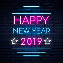 Fototapeta na wymiar Illuminated neon signs winter holiday light electric banner glowing on black brickwall background, happy new year text concept with stars. Neons sign 2019 pink and blue billboard design template