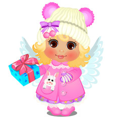 Animated cute little girl in winter clothes with knitted cap with pink pompom and angel wings holds a box with her Christmas present isolated on white background. Vector cartoon close-up illustration.