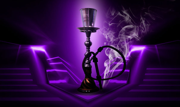 Hookah on an abstract neon background with smoke.