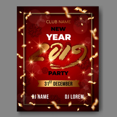 New Year vector 3d text poster on red background with golden numbers 2019,lens flares,confetti,glowing stars,light flashes,highlight circles,greeting card,web online concept for party, event