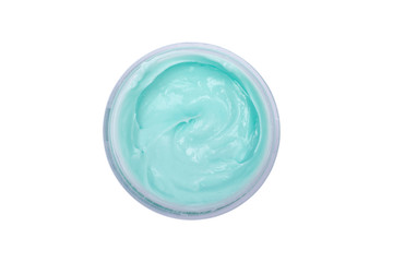 Natural face mask. Seaweed, aloe Vera and avacado oil for skin care. Top view. Isolated on white background