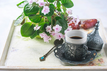 Traditional Turkish coffee. Coffee in the oriental style vintage.