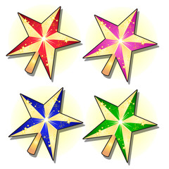 Obraz premium Set of gold sparkling stars painted in different colors isolated on white background. Sketch for greeting card, party invitation, festive poster, other cards. Vector cartoon close-up illustration.