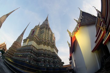 Scenic view colorful tile stupa decorate in wat pho Bangkok ,Thailand in twilight time..