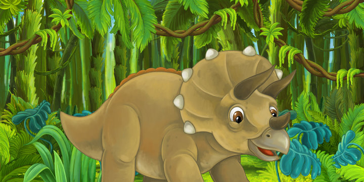 cartoon scene with triceratops hiding behind the rock from tyrannosaurus rex - illustration for children